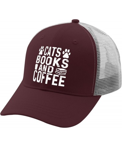 Trucker Hat Men Fitted Trucker Hats for Men Baseball Cap Cats Books and Coffee Quick Dry Sport Caps Chestnut Red $13.58 Baseb...