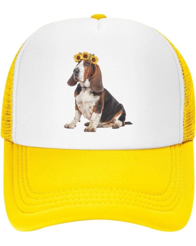 Basset Hound Dog wear Sunflower Mesh Baseball Cap, Floral Adjustable Trucker Hat Snapback Sun Hats for Men Women Yellow $12.1...