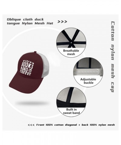 Trucker Hat Men Fitted Trucker Hats for Men Baseball Cap Cats Books and Coffee Quick Dry Sport Caps Chestnut Red $13.58 Baseb...