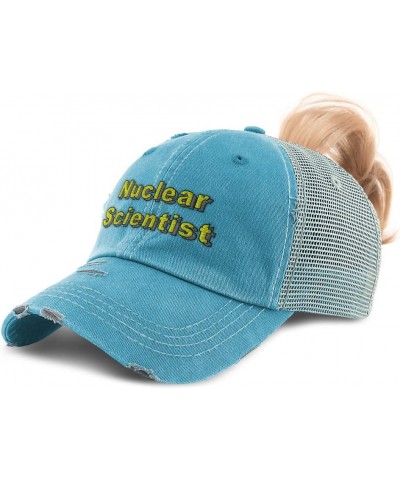 Custom Womens Ponytail Cap Nuclear Scientist Science Cotton Physics Distressed Trucker Hat Turquoise Design Only $15.80 Baseb...