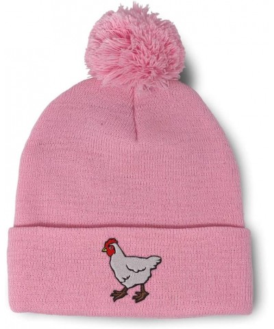 Custom Pom Pom Beanies for Women Farm Chicken Embroidery Skull Cap Bird Winter Hats for Men Acrylic 1 Size Soft Pink Design O...