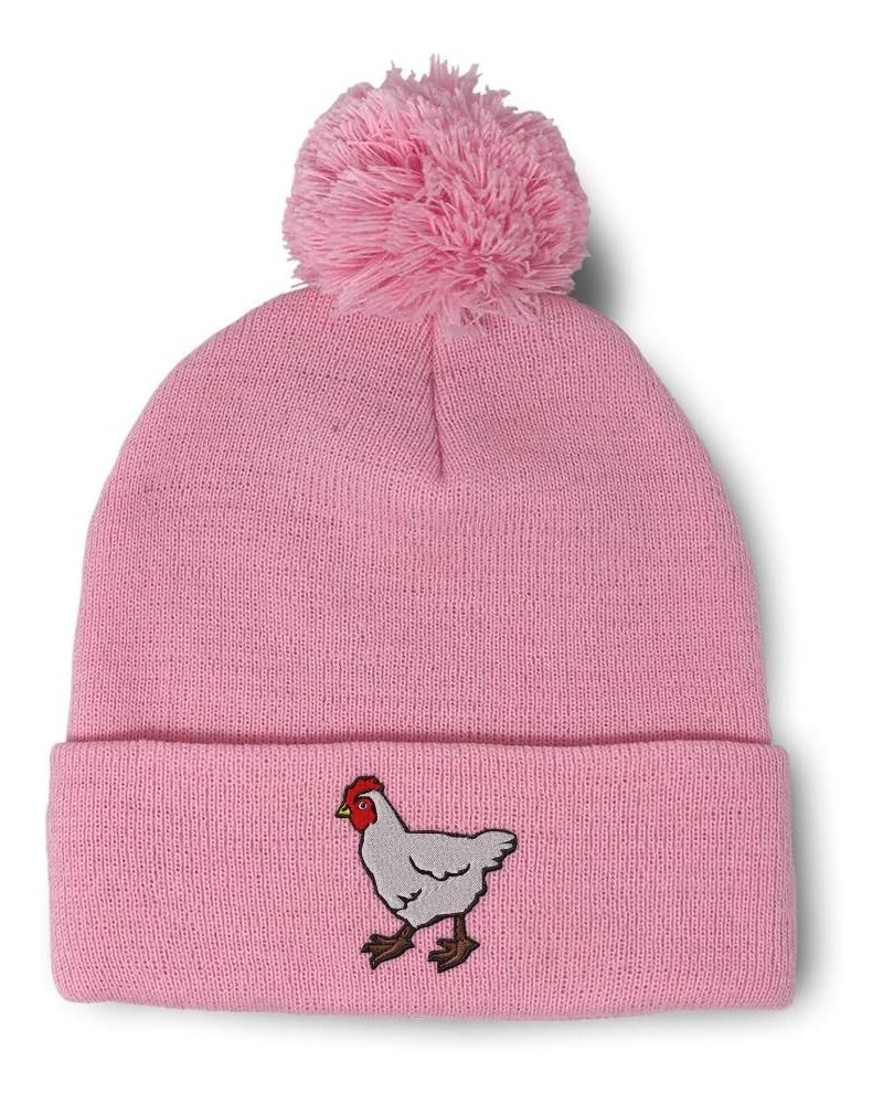 Custom Pom Pom Beanies for Women Farm Chicken Embroidery Skull Cap Bird Winter Hats for Men Acrylic 1 Size Soft Pink Design O...