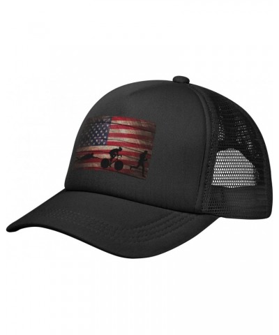 Vintage American Flag Triathlon Baseball Cap Adjustable Casual Mesh Hats Duck Tongue Hat for Men Women75 Black $10.32 Basebal...