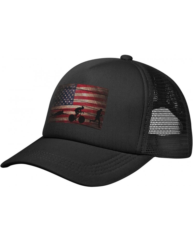 Vintage American Flag Triathlon Baseball Cap Adjustable Casual Mesh Hats Duck Tongue Hat for Men Women75 Black $10.32 Basebal...