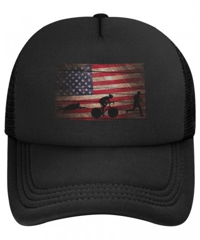 Vintage American Flag Triathlon Baseball Cap Adjustable Casual Mesh Hats Duck Tongue Hat for Men Women75 Black $10.32 Basebal...