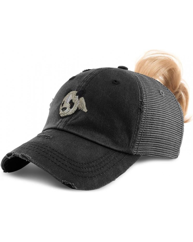 Custom Womens Ponytail Cap Panda B Embroidery Messy Bun Distressed Trucker Hats Black Design Only $14.78 Baseball Caps