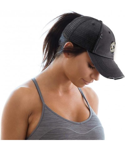 Custom Womens Ponytail Cap Panda B Embroidery Messy Bun Distressed Trucker Hats Black Design Only $14.78 Baseball Caps