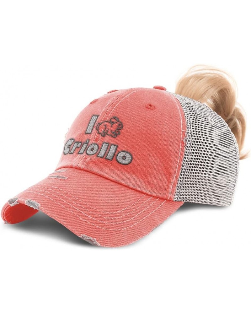 Womens Ponytail Cap I Rabbit Criollo Bunny Cotton Animal Distressed Trucker Hat Coral Design Only $14.10 Baseball Caps