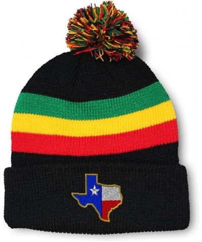 Custom Pom Pom Beanies for Women Texas State Flag Map A Embroidery Skull Cap Winter Hats for Men 1 Size Rasta Design Only $12...