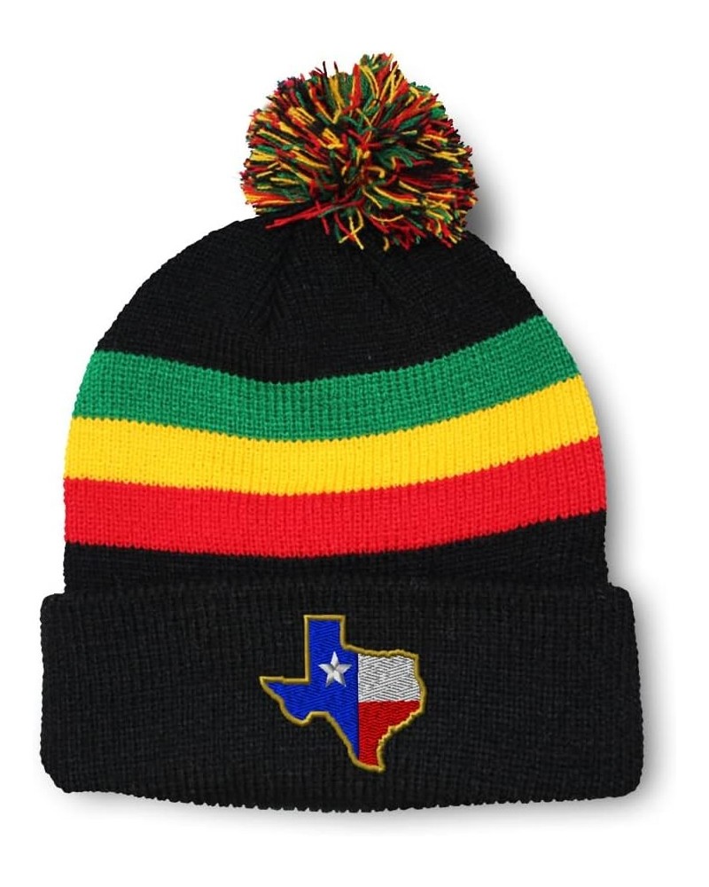 Custom Pom Pom Beanies for Women Texas State Flag Map A Embroidery Skull Cap Winter Hats for Men 1 Size Rasta Design Only $12...