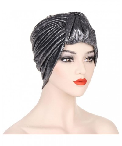 Womens Pleated Stretch Turbans Hats Headwraps Hat Comfortable Lightweight Muslim Cancer Chemo African Cap Silver $6.59 Skulli...