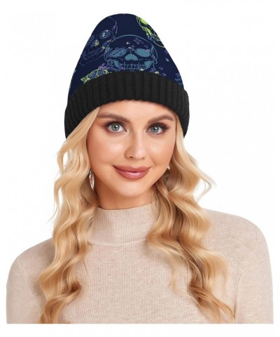 Blue Grunge Skull Beanie Hat Slouchy for Women Men Double Side Wear Skully Cap Knitting Kit Thick Soft Warm for Cold Weather ...