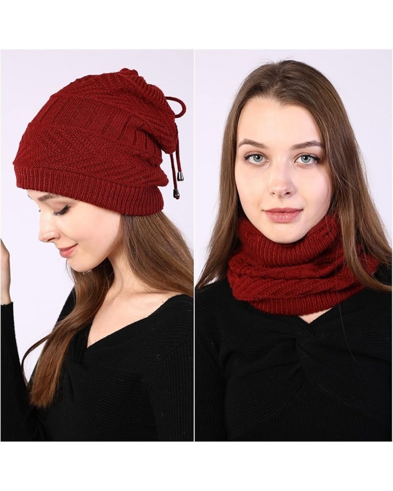 Women Stretchy Knitted Skullies Beanies Hat Solid Snood Scarf Warm Beanie for Womem Autumn Winter Female Beanie Cap Wine Red ...