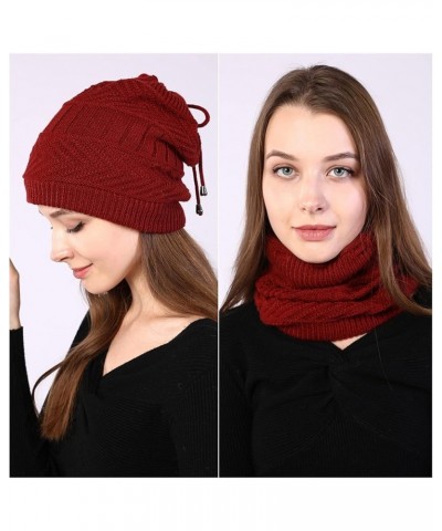 Women Stretchy Knitted Skullies Beanies Hat Solid Snood Scarf Warm Beanie for Womem Autumn Winter Female Beanie Cap Wine Red ...