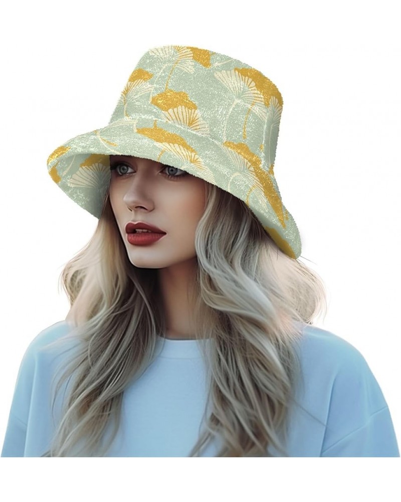 Swan Women Winter Faux Fur Bucket Hat, Fluffy Fuzzy Warm Hats, Plush Fisherman Cap Ginkgo $15.65 Bucket Hats