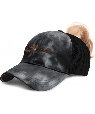 Custom Womens Ponytail Cap American Saddlebred Horses Breed Cotton Pony Distressed Trucker Hat Tie Dye Black Design Only $13....