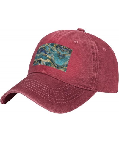 Azurite Teal and Foil Gold Oil Marble Pattern Print Unisex Adjustable Baseball Caps Washed Denim Trucker Hat Baseball Red $14...