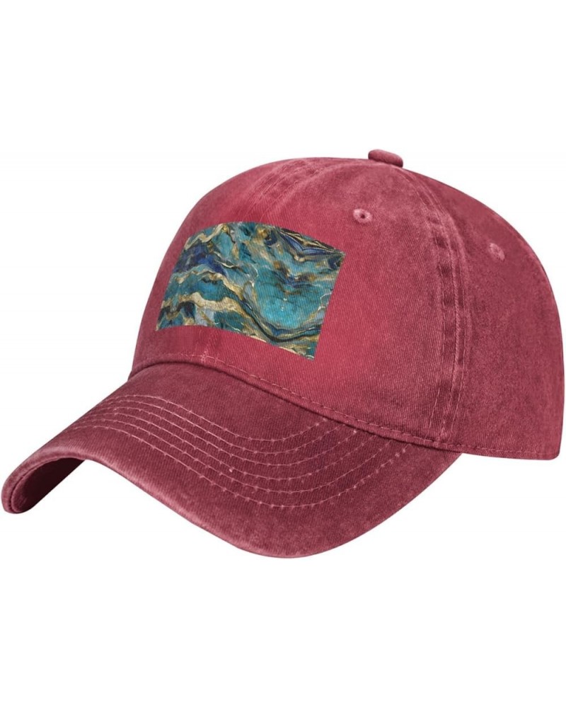 Azurite Teal and Foil Gold Oil Marble Pattern Print Unisex Adjustable Baseball Caps Washed Denim Trucker Hat Baseball Red $14...