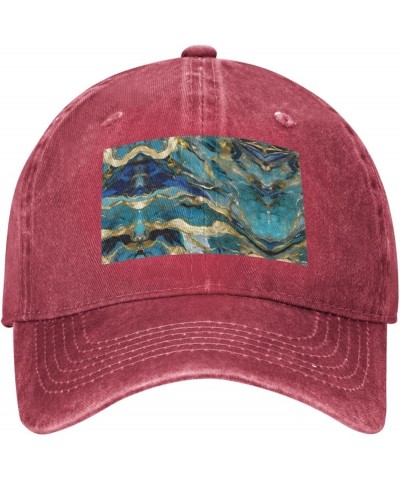 Azurite Teal and Foil Gold Oil Marble Pattern Print Unisex Adjustable Baseball Caps Washed Denim Trucker Hat Baseball Red $14...