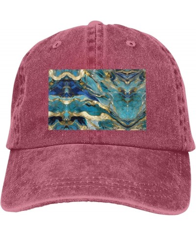 Azurite Teal and Foil Gold Oil Marble Pattern Print Unisex Adjustable Baseball Caps Washed Denim Trucker Hat Baseball Red $14...