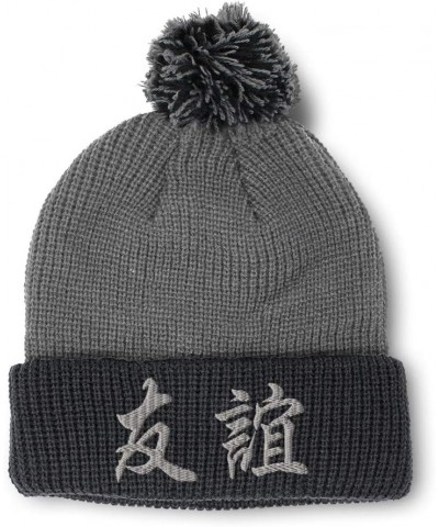 Pom Pom Beanies for Women Chinese Symbol for Friendship Embroidery Skull Cap Winter Hats for Men 1 Size Grey Black Design Onl...