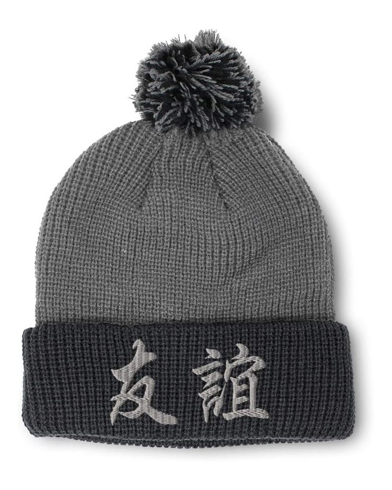 Pom Pom Beanies for Women Chinese Symbol for Friendship Embroidery Skull Cap Winter Hats for Men 1 Size Grey Black Design Onl...