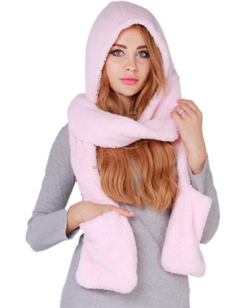 Winter Warm Women Hooded Scarf Cute Thicken Hoodie Gloves Pocket Hat Long Scarf Wraps for Cold Weather(Black) Pink $9.10 Scarves