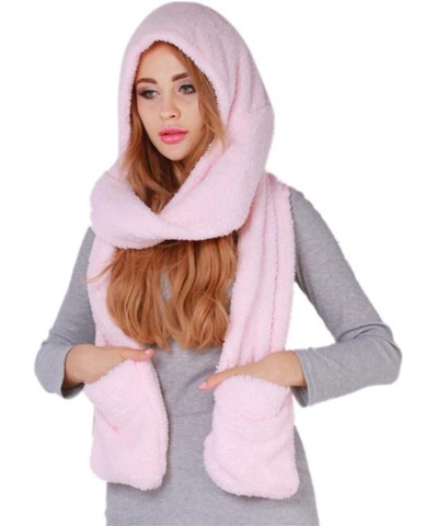 Winter Warm Women Hooded Scarf Cute Thicken Hoodie Gloves Pocket Hat Long Scarf Wraps for Cold Weather(Black) Pink $9.10 Scarves