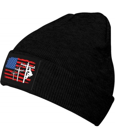 American Flag Lineman Beanie Hats Soft Stretch Beanie Cap Winter Warm Man Womens Knitted Cap Black $14.37 Skullies & Beanies