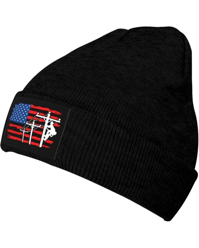 American Flag Lineman Beanie Hats Soft Stretch Beanie Cap Winter Warm Man Womens Knitted Cap Black $14.37 Skullies & Beanies