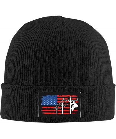 American Flag Lineman Beanie Hats Soft Stretch Beanie Cap Winter Warm Man Womens Knitted Cap Black $14.37 Skullies & Beanies