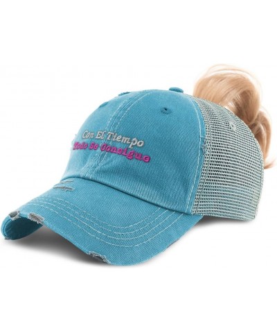 Womens Ponytail Cap Con El Tiempo Todo Se Consigue Cotton Distressed Trucker Hats Turquoise $12.32 Baseball Caps