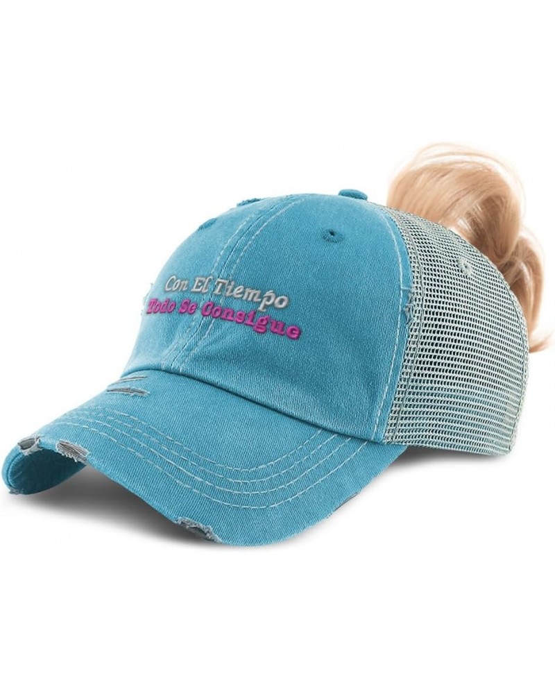 Womens Ponytail Cap Con El Tiempo Todo Se Consigue Cotton Distressed Trucker Hats Turquoise $12.32 Baseball Caps