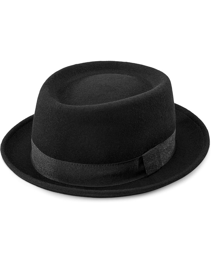 Mens-Pork-Pie-Hat Flat-Top-Bowler-Hat Wool-Fedora-Hat for Women(S/M) Black-style B $10.58 Fedoras