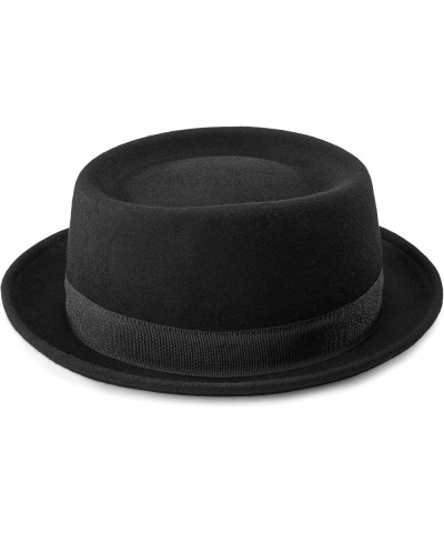 Mens-Pork-Pie-Hat Flat-Top-Bowler-Hat Wool-Fedora-Hat for Women(S/M) Black-style B $10.58 Fedoras