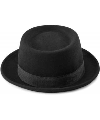 Mens-Pork-Pie-Hat Flat-Top-Bowler-Hat Wool-Fedora-Hat for Women(S/M) Black-style B $10.58 Fedoras