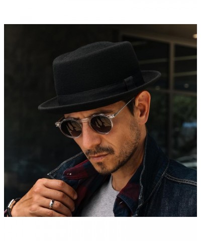 Mens-Pork-Pie-Hat Flat-Top-Bowler-Hat Wool-Fedora-Hat for Women(S/M) Black-style B $10.58 Fedoras