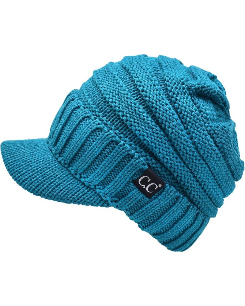 Trendy Warm Oversized Chunky Soft Oversized Ribbed Slouchy Knit Hat with Visor Brim Teal $11.75 Skullies & Beanies