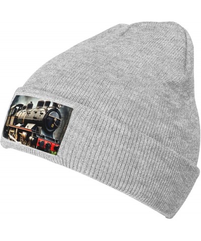 Steam Locomotive Train Print Knitted Hat Knit Cap Daily Knit Hat Men's Unisex Winter Beanie Hat Women Cap Gray $10.97 Skullie...