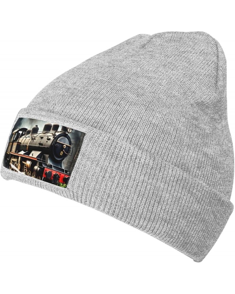 Steam Locomotive Train Print Knitted Hat Knit Cap Daily Knit Hat Men's Unisex Winter Beanie Hat Women Cap Gray $10.97 Skullie...