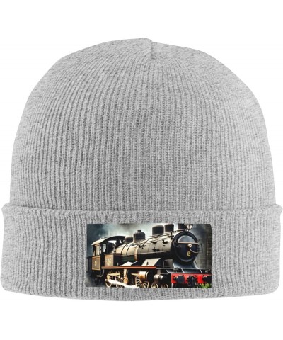 Steam Locomotive Train Print Knitted Hat Knit Cap Daily Knit Hat Men's Unisex Winter Beanie Hat Women Cap Gray $10.97 Skullie...