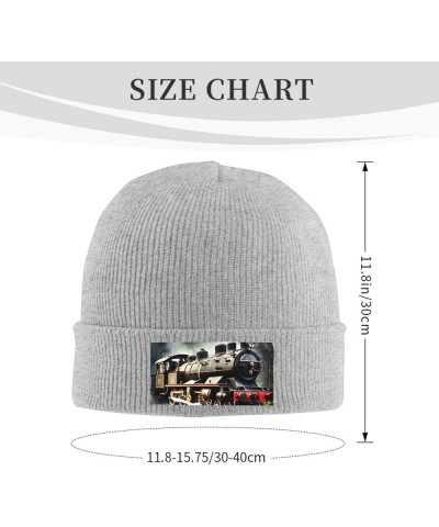 Steam Locomotive Train Print Knitted Hat Knit Cap Daily Knit Hat Men's Unisex Winter Beanie Hat Women Cap Gray $10.97 Skullie...