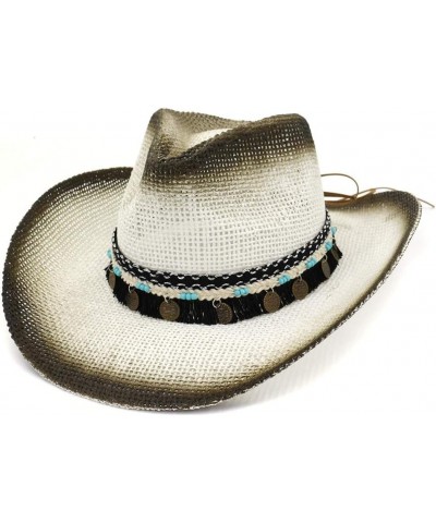 Straw Cowboy Hat Western Paint Cowboy Straw Hat Beach Sun Hat Outdoor Seaside Sunscreen Coins Tassel Visor (Color : 2, Size :...