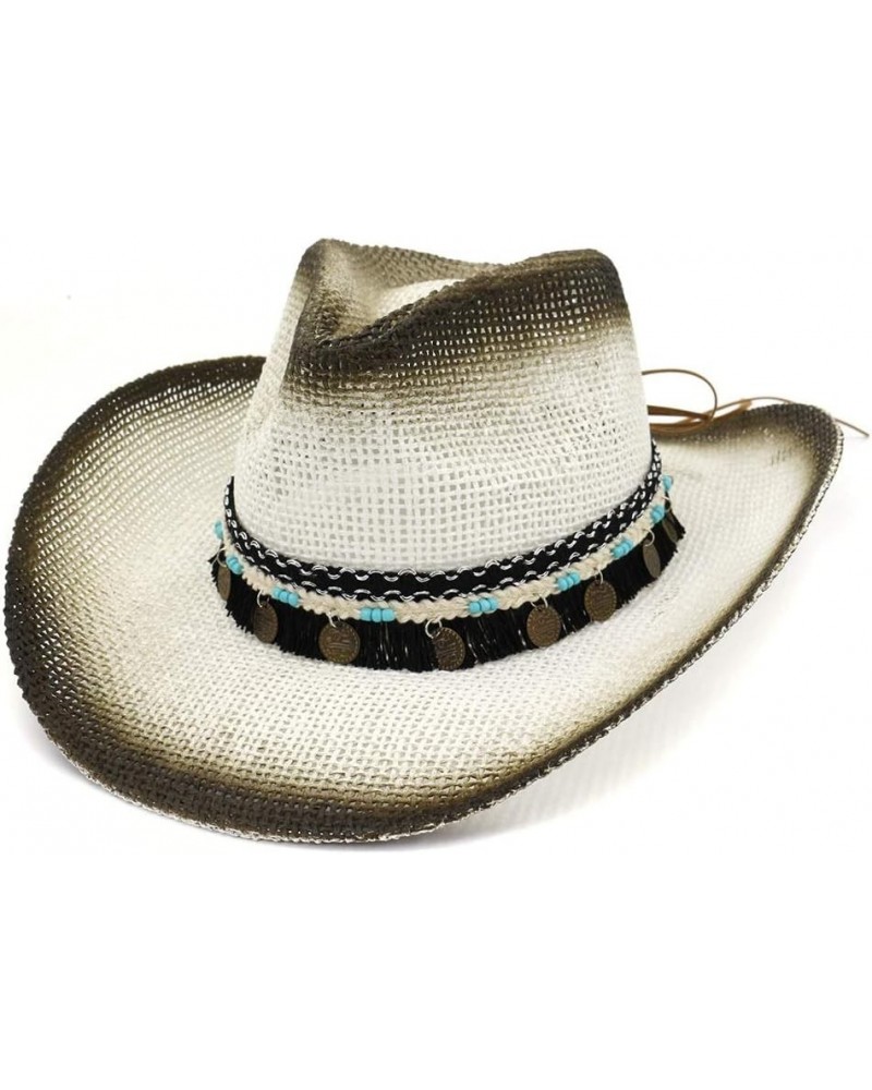 Straw Cowboy Hat Western Paint Cowboy Straw Hat Beach Sun Hat Outdoor Seaside Sunscreen Coins Tassel Visor (Color : 2, Size :...