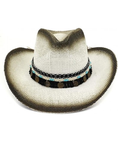 Straw Cowboy Hat Western Paint Cowboy Straw Hat Beach Sun Hat Outdoor Seaside Sunscreen Coins Tassel Visor (Color : 2, Size :...