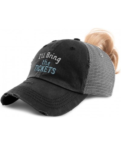 Womens Ponytail Cap I'll Bring The Tickets Cotton Distressed Trucker Hats Black Grey $13.20 Baseball Caps