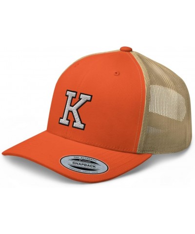 Initial Letter K Embroidered Premium Trucker Hat Curved Bill Mid Crown Adjustable Cap Rustic Orange/ Khaki $15.30 Baseball Caps