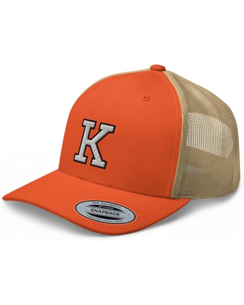 Initial Letter K Embroidered Premium Trucker Hat Curved Bill Mid Crown Adjustable Cap Rustic Orange/ Khaki $15.30 Baseball Caps