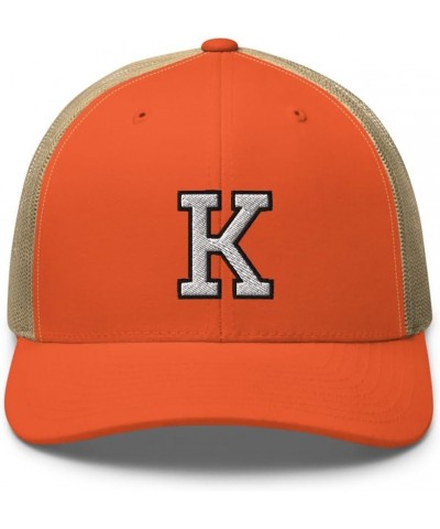 Initial Letter K Embroidered Premium Trucker Hat Curved Bill Mid Crown Adjustable Cap Rustic Orange/ Khaki $15.30 Baseball Caps