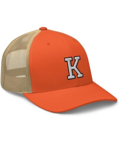 Initial Letter K Embroidered Premium Trucker Hat Curved Bill Mid Crown Adjustable Cap Rustic Orange/ Khaki $15.30 Baseball Caps